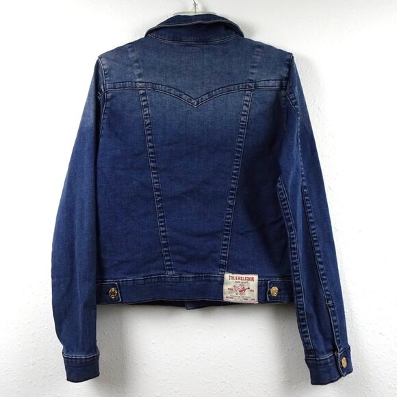 True Religion Jimmy Trucker Jacket Women's Size L Blue Denim Slim Western - Picture 4 of 8